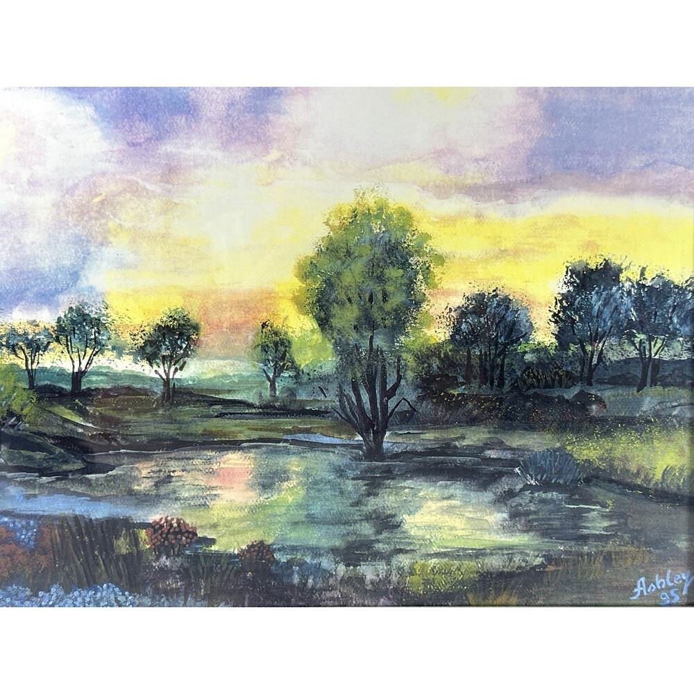 Ashley 1995 Framed Landscape Print Trees at Sunset Pond Reflection Art 15x12 - Picture 3 of 6